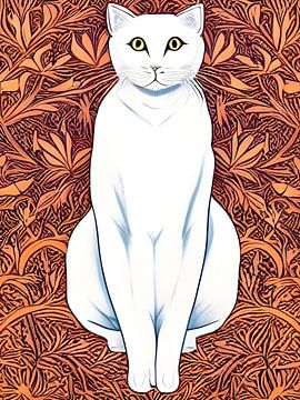Witte kat met orange beige decoratieve achtergrond - illustratie art print van Lily van Riemsdijk - Art Prints with Color
