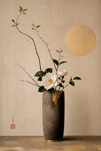 Nature morte avec des fleurs de camélia dans un vase en céramique aux accents dorés