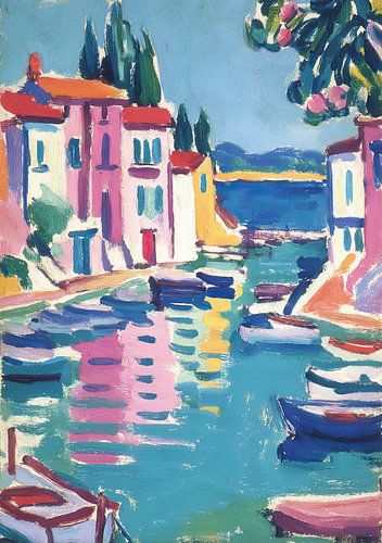 Baie portuaire avec des maisons colorées de style fauviste