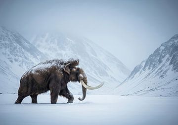 Wolharige mammoet wandelt in besneeuwd berglandschap van Markus Gann