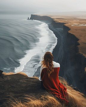 Jonge vrouw kijkt uit over het kustlandschap van fernlichtsicht