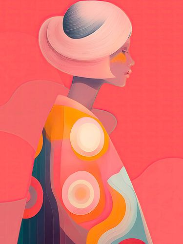 Modern Minimalistisch: Frau mit Hut in lebhaften Korallentönen von STUDIO ARTSY