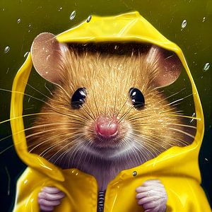 Maus in einem gelben Regenmantel