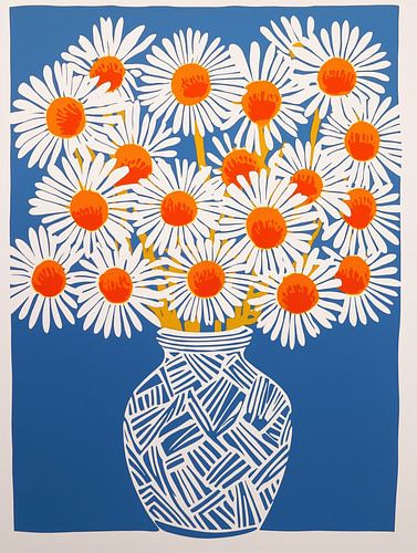 Een boeket van witte margriet zonnen op blauw