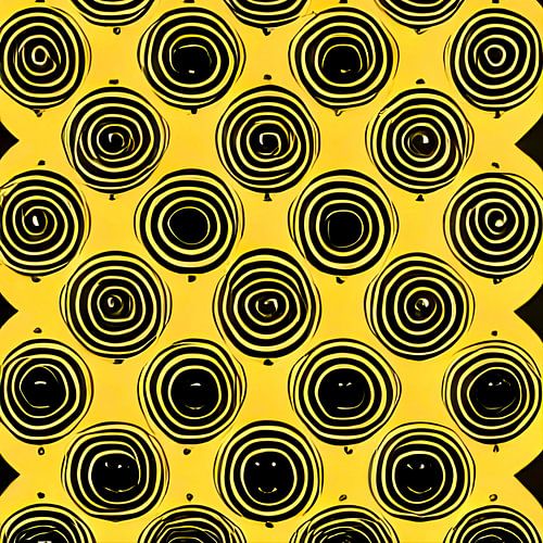 Geometrische schwarze Kreise auf ockergelbem Hintergrund - Grafikdruck