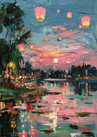 Lantern oil painting river festival by Niklas Maximilian