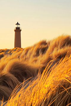 Vuurtoren in de gouden zee van gras van Poster Art Shop