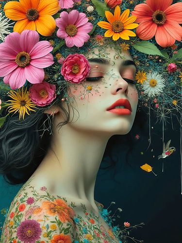 Surrealist portrait of a woman with flowers
