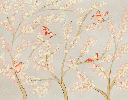 Oiseaux roses et fleurs printanières