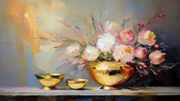Stilleven schilderij: Pioenrozen op gouden vaas van Studio Pieternel