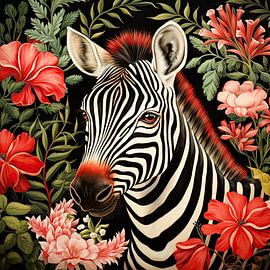 Zebra portrait with red flowers