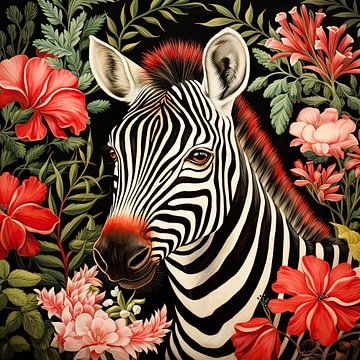 Zebra portret met rode bloemen van Vlindertuin Art