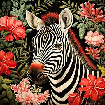 Zebra portrait with red flowers