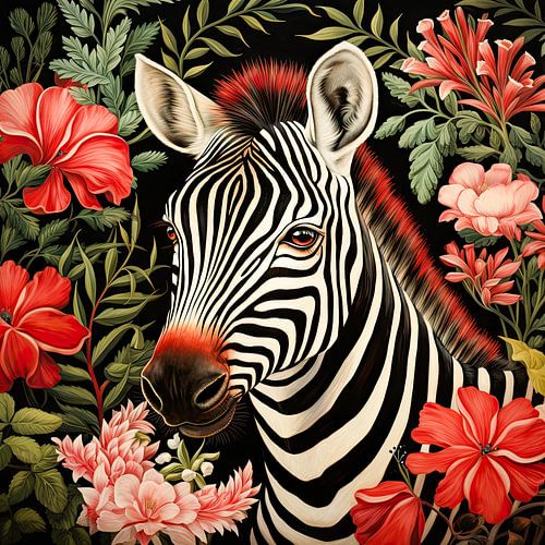 Zebra portret met rode bloemen