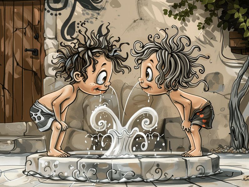 Merry Water Fun: Charming Illustrations of Children at a Fountain by Karina Brouwer