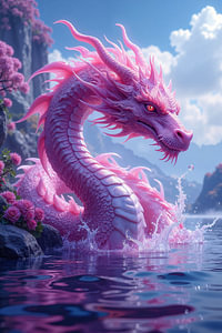 Fantasy Art Wandbild: ROSETHYRA - Der rosafarbene Drache im stillen Wasser