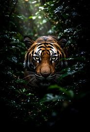 Photo d'un tigre du Bengale féroce dans la végétation de la jungle | Décoration murale sur le thème de la faune sauvage