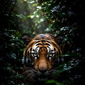 Fotografie eines wilden Bengalischen Tigers im Dschungelgrün | Wandbild mit Tiermotiven von MIROKKU