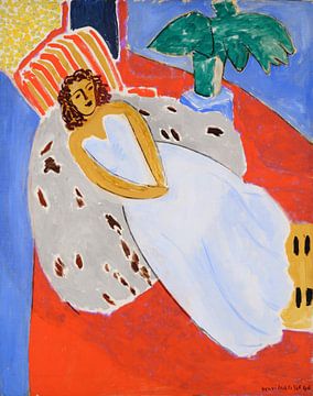 Henri Matisse. Jonge vrouw in wit met rode achtergrond