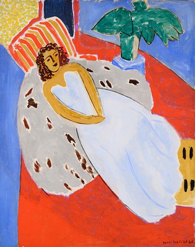 Henri Matisse. Jonge vrouw in wit met rode achtergrond
