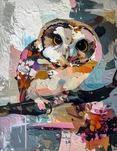 Velduil op een tak - werk met veel textuur en kleur