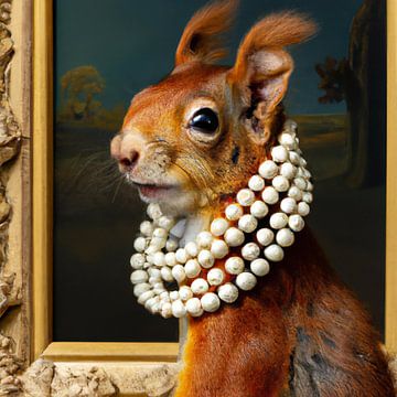 Squirrel with pearls, Johannes Vermeer style, generative AI illustration by Bianca Biermans