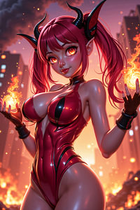Dark Fantasy Anime Cyberpunk Wall Art: PYROZELLA – Sexy Anime Demon Girl Plays with Magical Fireball