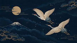 Golden Cranes Flying Beneath a Full Moon Above Mount Fuji by my pixel art