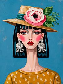 Portrait moderne illustré d'une femme portant un chapeau de paille et une fleur rose