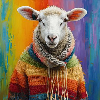 Porträt eines Schafes in einem regenbogenfarbenen Wollpullover