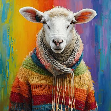Portrait of sheep in wool rainbow-coloured jumper by Vlindertuin Art