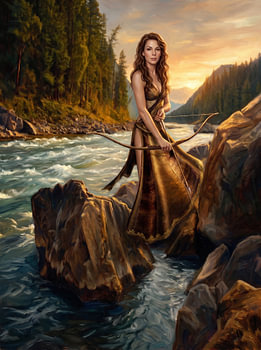 Guardian of the Mountain River – High Fantasy Archer ‘ & ’ Evening Light (Fine Art Wall Art)