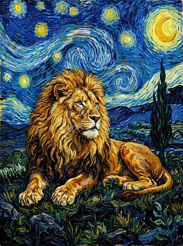Majestic Lion Beneath a Starry Night – Expressive Oil Painting Wildlife Wall Art