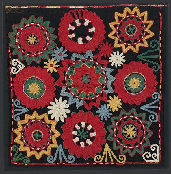 Vintage suzani ilgich rug in red, black, yellow, blue, green. Embroidered textile. Asian art. by Dina Dankers