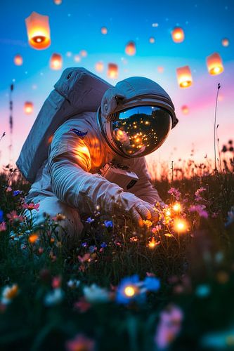 Astronaut plukt bloemen in het avondlicht
