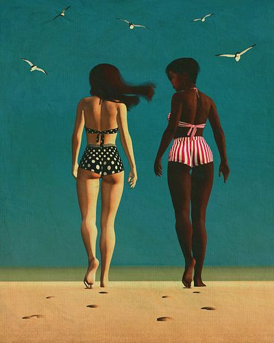 Retro Schilderij van meisjes die op het strand wandelen