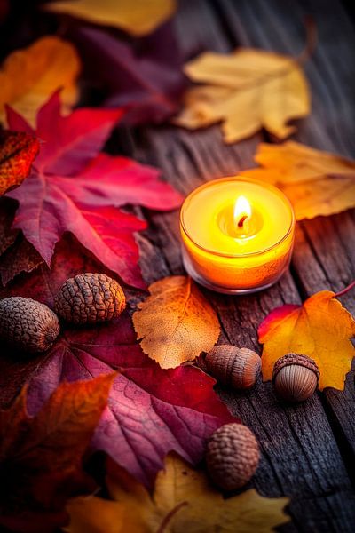 Herbstliche Stimmung mit Kerze und Blättern von Poster Art Shop