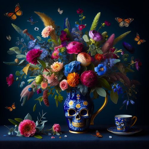 Feldstrauß in farbigem Totenkopf mit Schmetterlingen und Blattgold