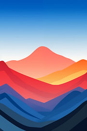 Eine korallenrote Sonne strahlt über roten und blauen Bergschichten. von Minimal Blue