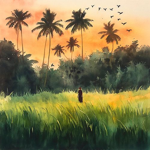 Evening atmosphere in the grass field