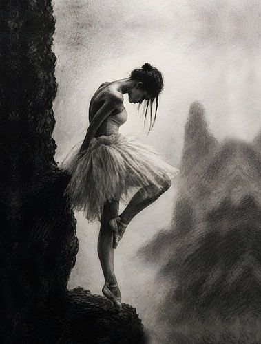 Ballerina in evenwicht op de rand van een klif – monochroom portret