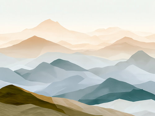 Mehrschichtige Berglandschaft in sanften Blautönen – Modernes, minimalistisches Gemälde von Thea