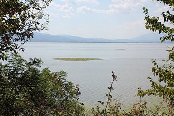 Kerkini - Blick durch Büsche auf den See und die Berge