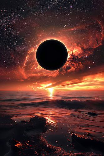 Eclipse solaire au coucher du soleil en bord de mer