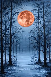 Red moon over snowy winter forest by Art & Soul Creations