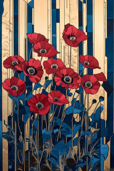 Rote Mohnblumen vor goldenem Hintergrund von Poster Art Shop