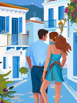 Illustration d'un couple sur une île grecque sur haroulita