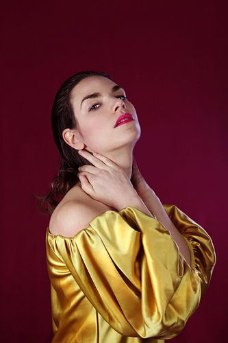 Portret van vrouw met gouden satijnen blouse en rode achtergrond