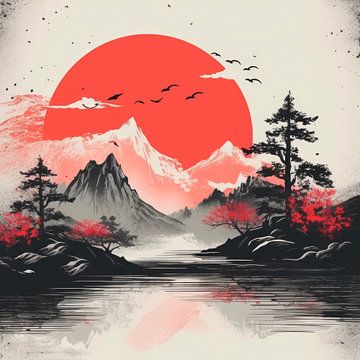 Red sun over Japanese mountain landscape by Erika Kaisersot