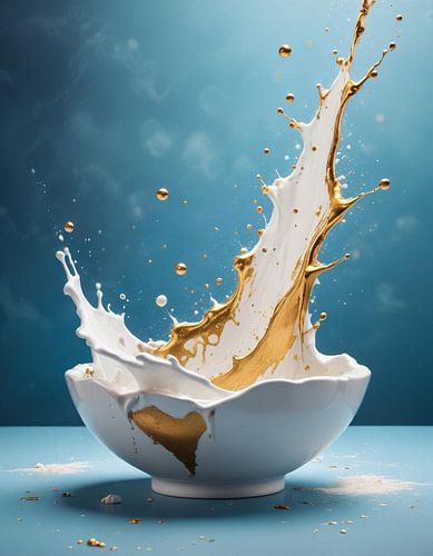 Een witte kom met witte verf en goud.